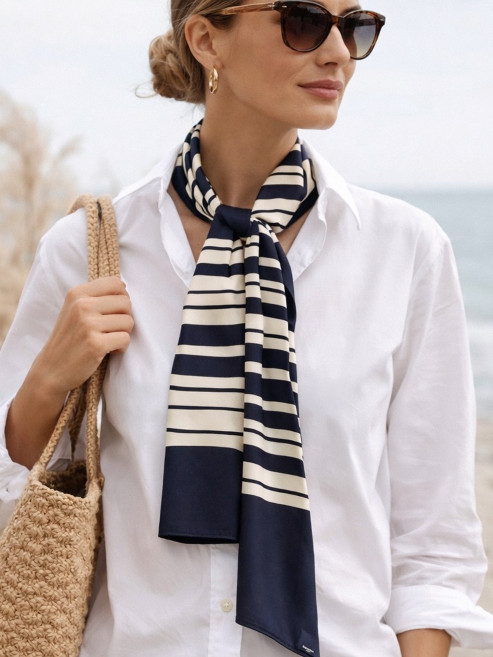 Ann Taylor Silk Scarf Navy Ivory Striped Long Rectangular Coastal Classic